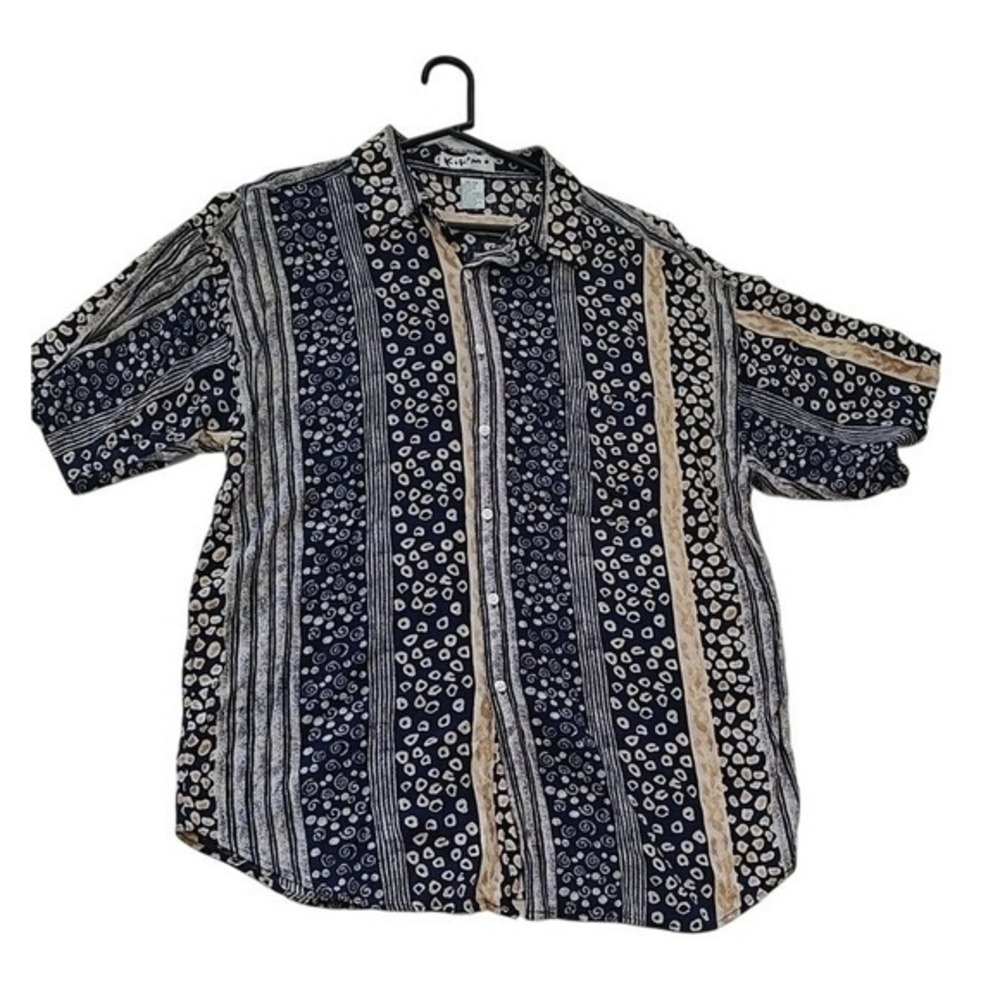 Kikomo‎ Mens XL Rayon Short Sleeve Button Down Shirt Blue Geometric Stripe Print